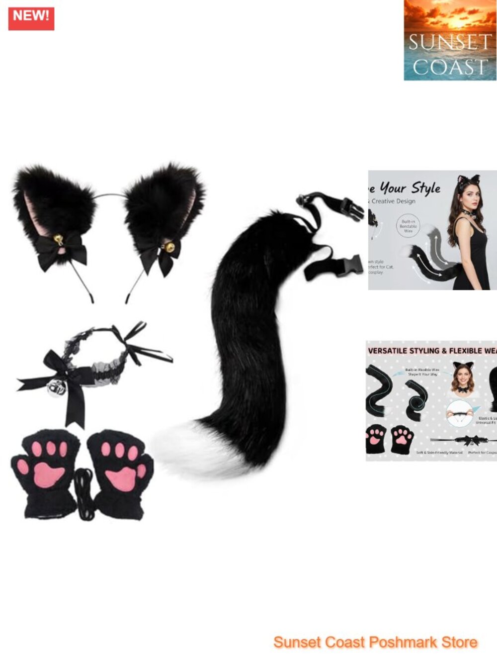 Plush Cat Ears Headband Tail Choker Set Cosplay Costume Accessory